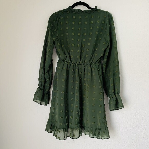 Long Sleeve Mini Dress Small Army Green Polka Dot Olive Sheer Tie VNeck - Picture 4 of 15